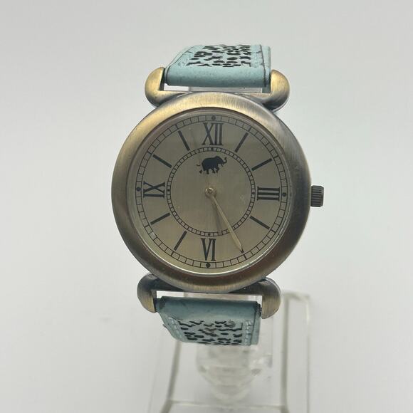 Women’s Elephant Dial Stainless Steel Blue Leather Watch Working New Battery - Picture 1 of 8